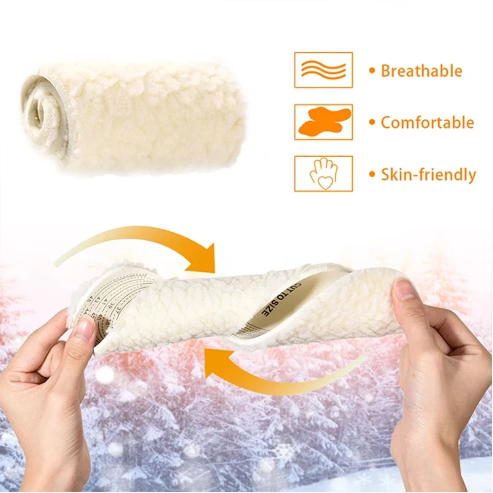 Wool Heated Insoles for Kids & Adults – Thermal Thickened Artificial Cashmere Shoe Inserts for Winter Snow Boots