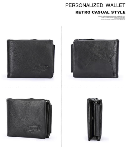 CONTACT'S Genuine Crazy Horse Leather Trifold Wallet – Vintage Men's Cowhide Wallet with Zip Coin Pocket