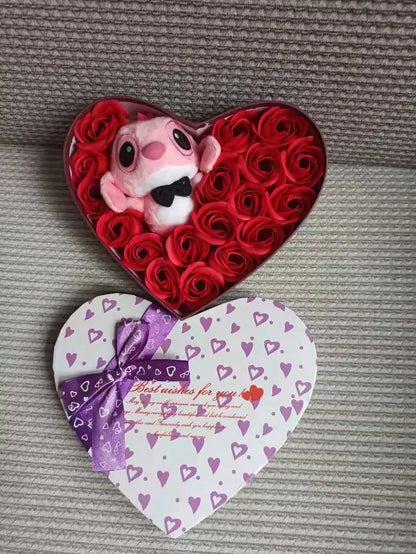 Disney Lilo & Stitch Plush Doll with Rose Bouquet – Gift Box & Flower Arrangement for Valentine’s & Christmas