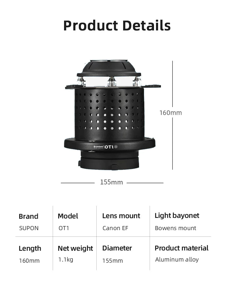 Soonpho OT1 PRO Bowens Mount Optical Snoot – 50mm/85mm/150mm Lenses for Graphic Art Effects, Godox Lighting Flash