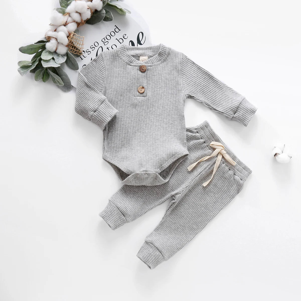 Unisex Baby 2-Piece Outfit Set - Long-Sleeve Ribbed or Plaid Bodysuit with Elastic Pants for Spring & Autumn