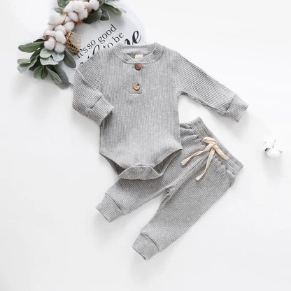 Unisex Baby 2-Piece Outfit Set - Long-Sleeve Ribbed or Plaid Bodysuit with Elastic Pants for Spring & Autumn