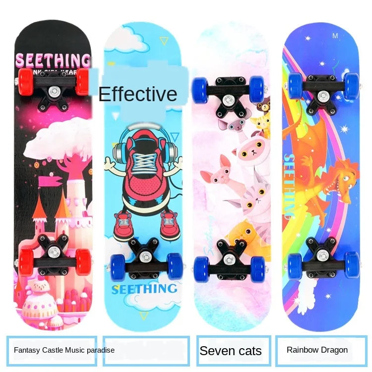 60cm Kids' Beginner Skateboard – Double Rocker Maple Deck with Cartoon Design for Outdoor Fun