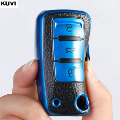 Leather TPU Car Key Case Cover for Volkswagen & Skoda – Fits Polo, Golf, Passat, Tiguan, Beetle, Caddy, T5, Up, Eos, Octavia, Seat Leon, Altea