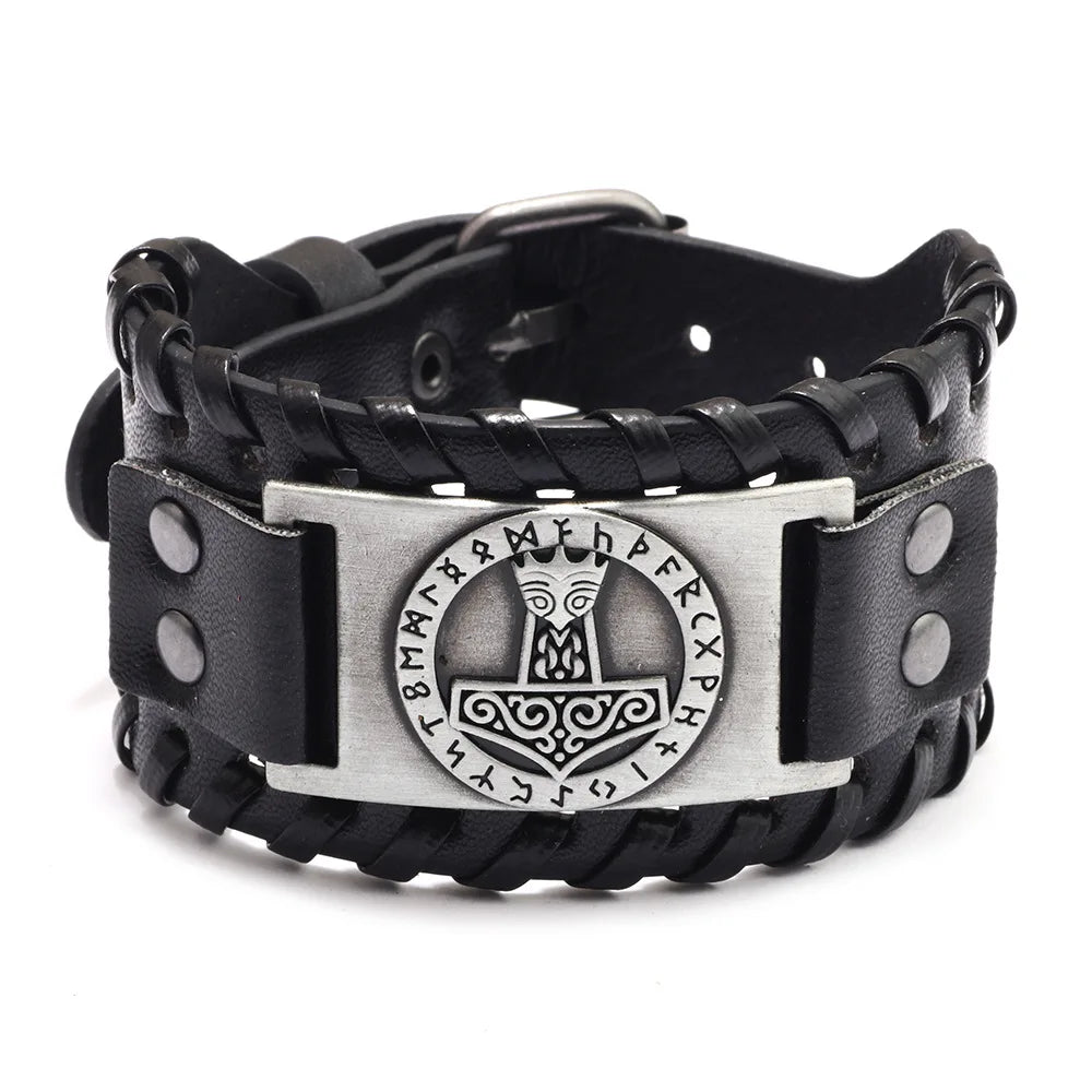 Totem Design Wide Leather Pirate Compass Bracelet - Men's Celtic Viking Jewelry, Party Gift Accessories
