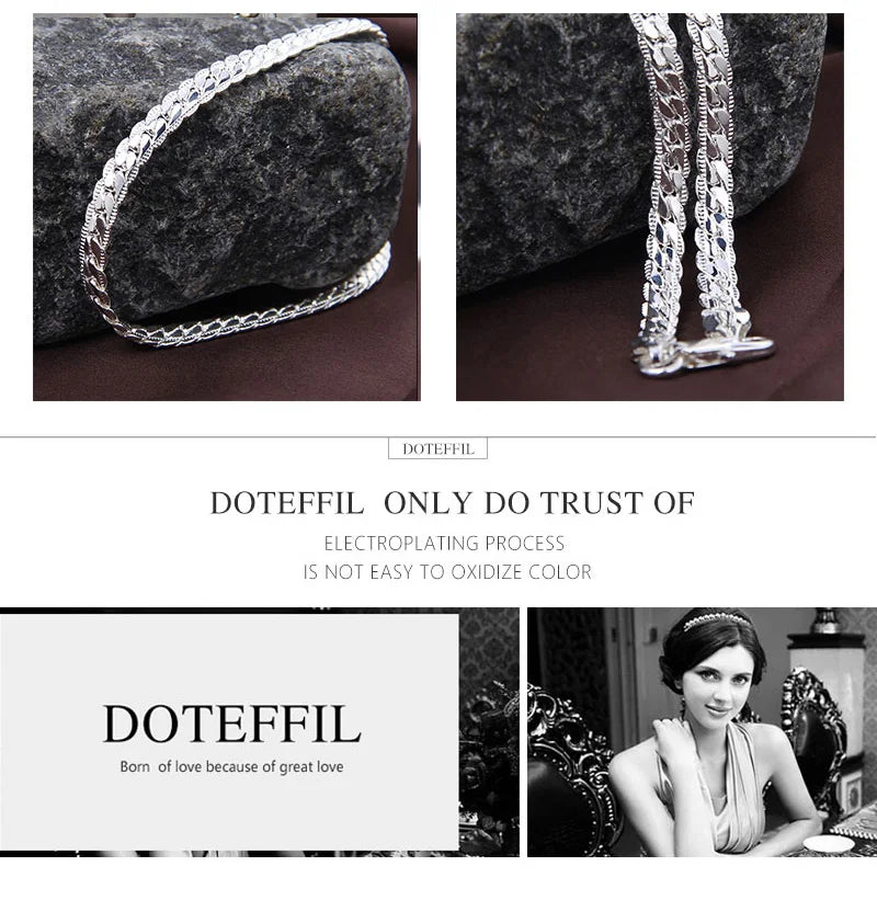 DOTEFFIL 925 Sterling Silver Side Chain Necklace & Bracelet – 6mm, 8-24 Inch, Fashion Charm Wedding Jewelry for Women & Men