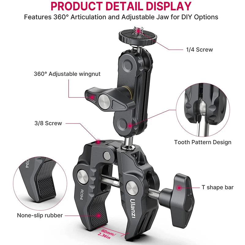 Ulanzi R094 Metal Super Clamp with 360° Ball Head Magic Arm, 1/4" & 3/8" Holes for DSLR Camera, Monitor, Light, Mic, and Rod Mount