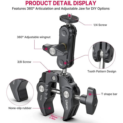 Ulanzi R094 Metal Super Clamp with 360° Ball Head Magic Arm, 1/4" & 3/8" Holes for DSLR Camera, Monitor, Light, Mic, and Rod Mount