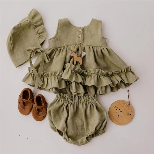 Baby Girls Cotton Linen Tutu Dress - 3 Layer Summer Ruffle Lace Strap Breathable Cake Dress Outfit