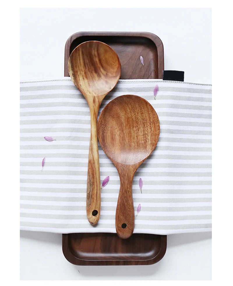 1-7pcs Teak Wood Tableware Set – Natural Wooden Spoons, Colander Spoon & Soup Skimmer Cooking Tool Kit