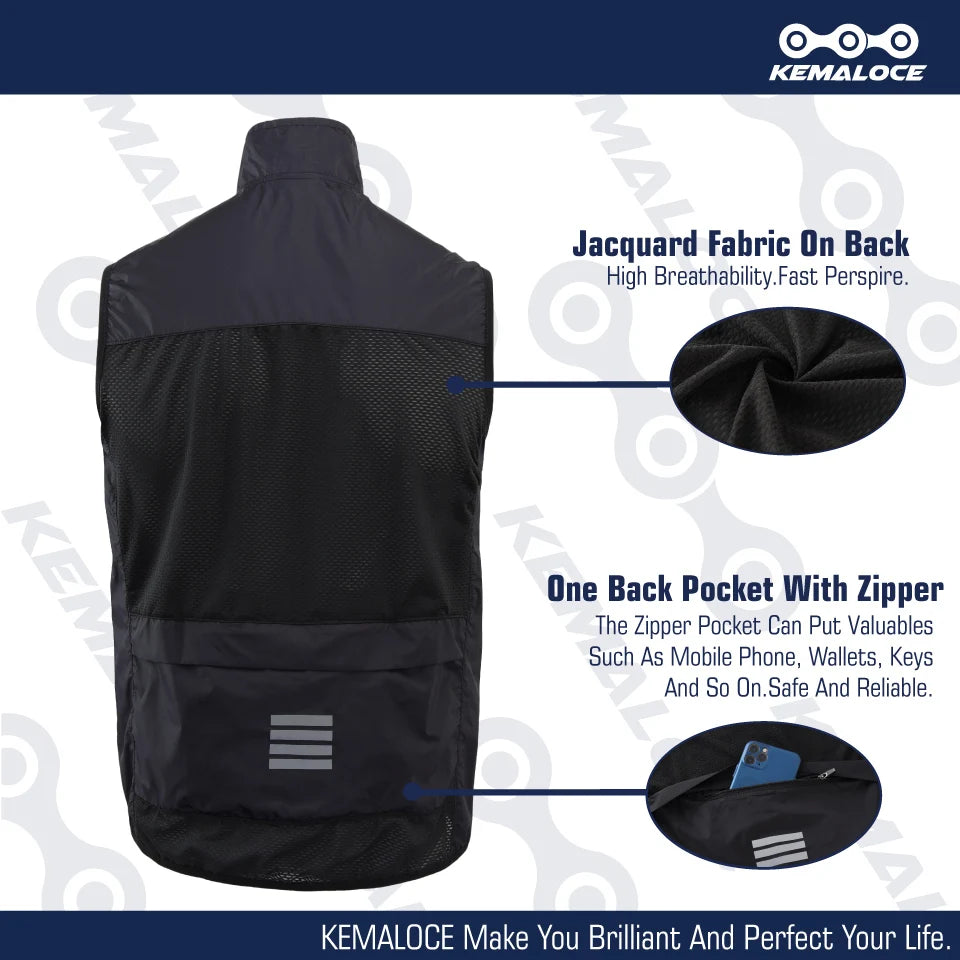 KEMALOCE 2023 Cycling Vest - Navy Blue Windproof Sleeveless Bicycle Gilet, Lightweight MTB Sports Wind Vest for Men