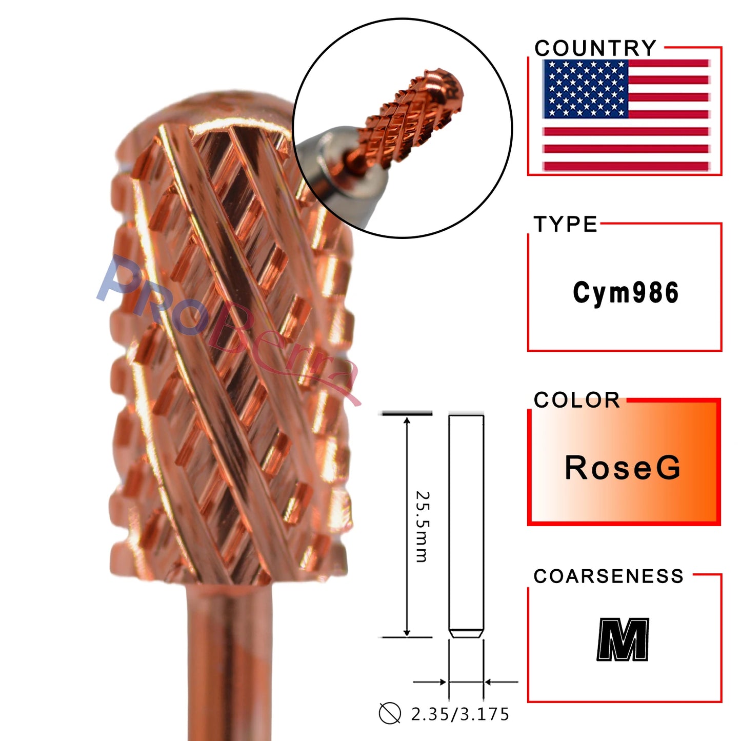 RolinStar 6.6 Large Barrel 4XC Nail Drill Bits – 7 Colors Gold, Silver, Dark Purple, Blue, Rainbow, Rose Gold Milling Tool
