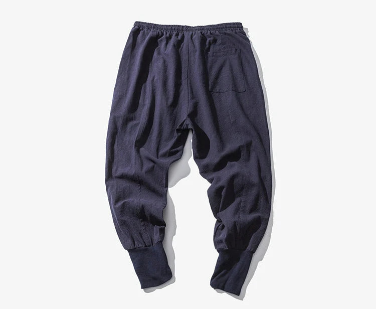 Men’s Cotton Linen Harem Pants – Solid Color Baggy Drop-Crotch Joggers with Elastic Waist Casual Streetwear Trousers