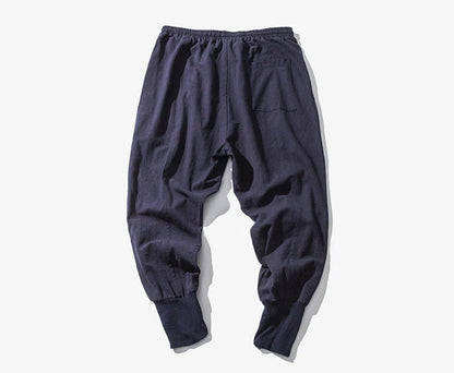 Men’s Cotton Linen Harem Pants – Solid Color Baggy Drop-Crotch Joggers with Elastic Waist Casual Streetwear Trousers