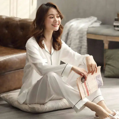 Solid Color Silk Satin Pajama Set – Long Button-Down Sleepwear for Couples, Women & Men Loungewear Plus Size