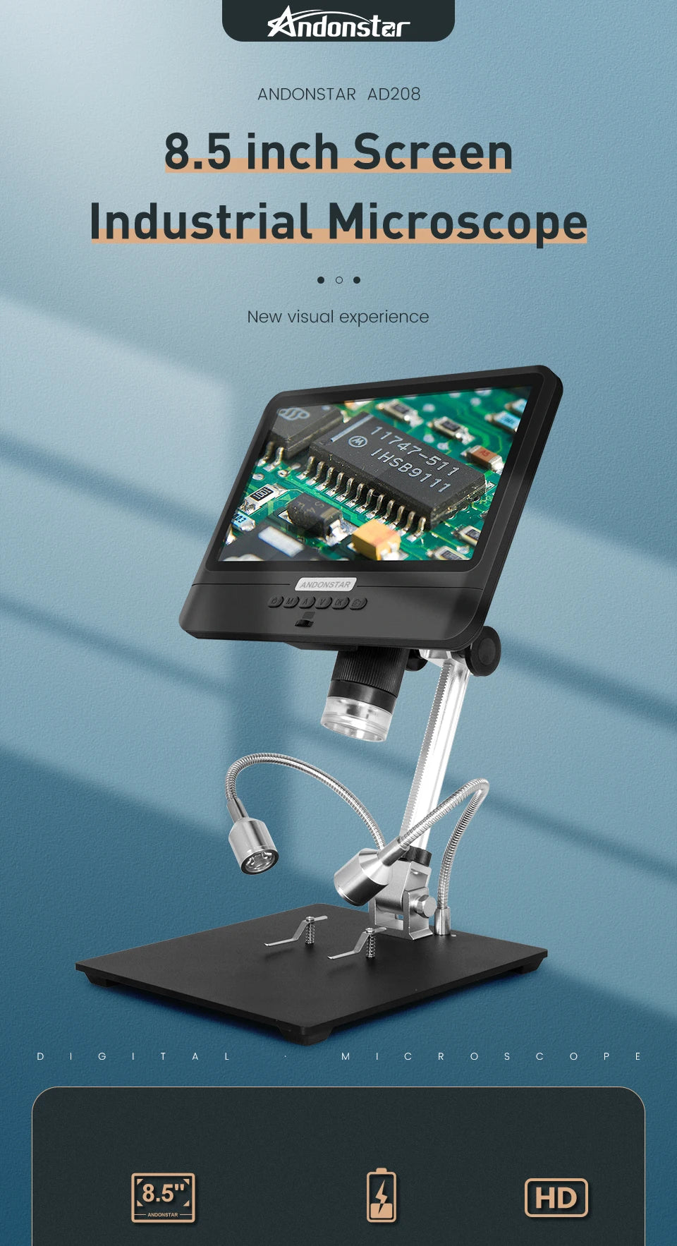 Andonstar AD208 Digital Microscope – 8.5" Adjustable LCD, 1080P HD, Black, Soldering Tool