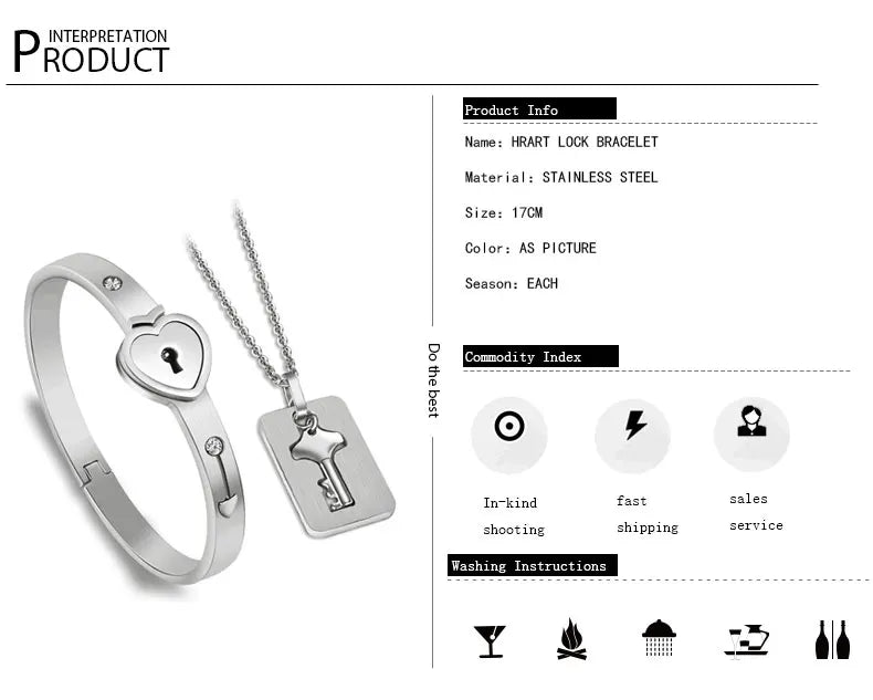 Couple Jewelry Set – Stainless Steel Love Heart Lock Bracelets & Key Pendant Necklace for Men & Women Gift