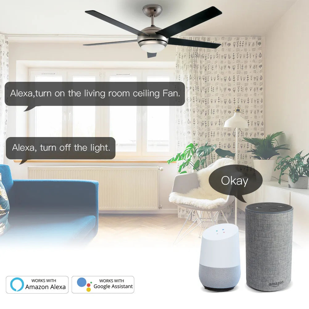 WiFi RF Smart Ceiling Fan Light – 2/3 Way Control, Speed Control, Smart Life/Tuya App, Alexa & Google Home Compatible