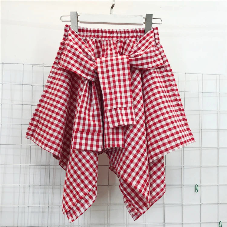 TOTRUST Women’s Fashion Asymmetrical Summer Plaid Mini Skirt – Casual College Style Fake Shirt Design
