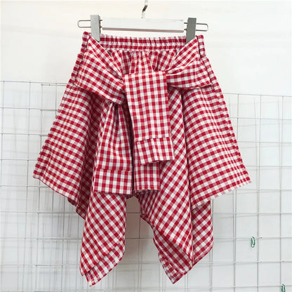 TOTRUST Women’s Fashion Asymmetrical Summer Plaid Mini Skirt – Casual College Style Fake Shirt Design