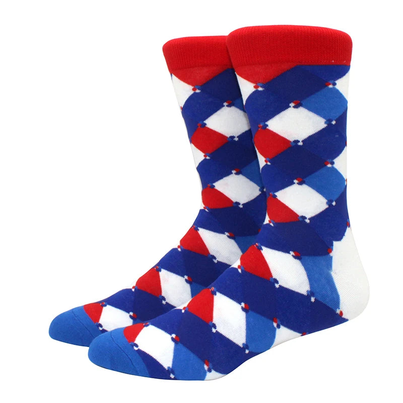 Men’s Funny Argyle Diamond Pattern Cotton Socks – Large Size 3D Geometric Crew Tube Socks, Combed Cotton Casual Novelty Socks