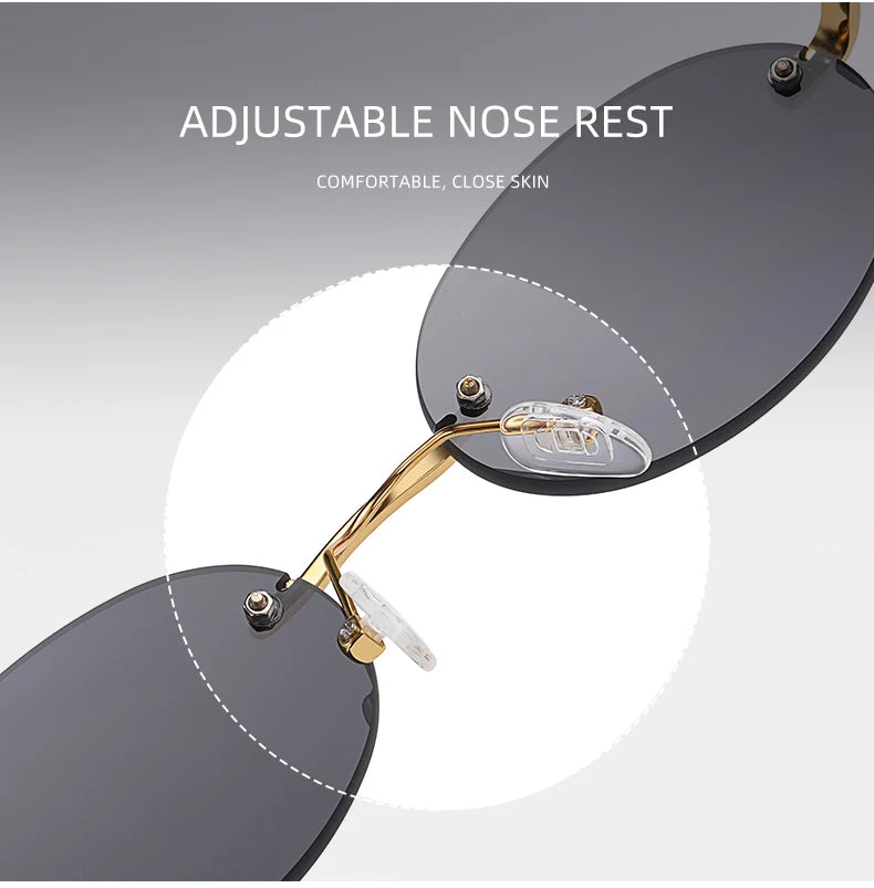Retro Oval Rimless Sunglasses – Blue Mirror Gold Metal UV400 for Men & Women