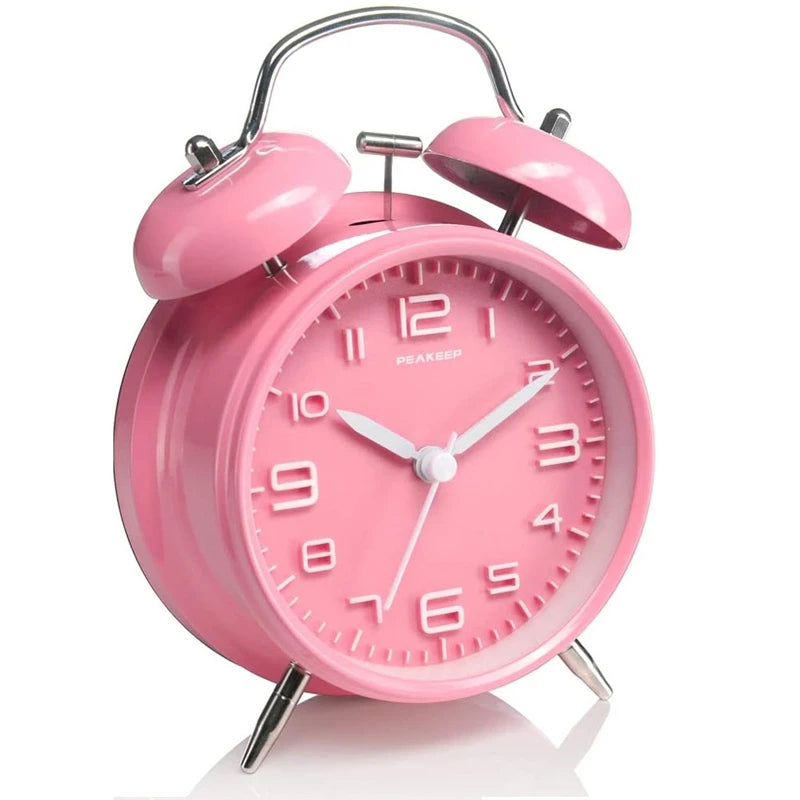 4 Inch Twin Bell Metal Alarm Clock – Loud Mechanical Desk Clock with Backlight 3D Dial, Battery Operated for Home & Office Use