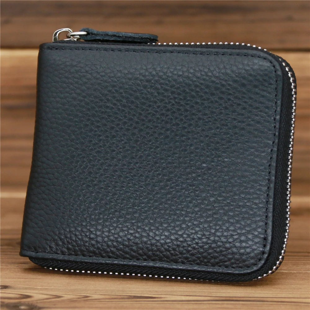 Men’s Genuine Leather Zipper Wallet – Compact Short Purse with Credit Card Slots, Cash & Coin Pocket