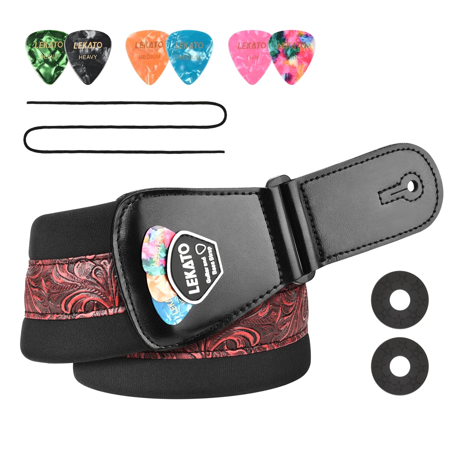 LEKATO LGS-2 Bass Guitar Strap – Adjustable Cowhide Strap with 6 Picks, Acoustic & Electric Bass Guitar Belt, Accessories