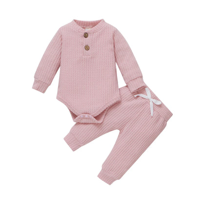 Unisex Baby 2-Piece Outfit Set - Long-Sleeve Ribbed or Plaid Bodysuit with Elastic Pants for Spring & Autumn