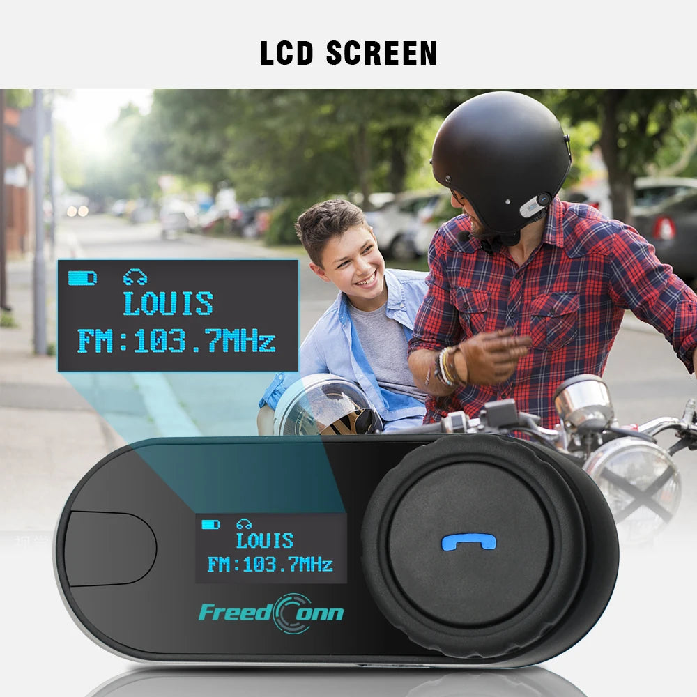 FreedConn Bluetooth Motorcycle Intercom Helmet Headset - Wireless Motorbike Interphone with LCD Screen & FM Earphone