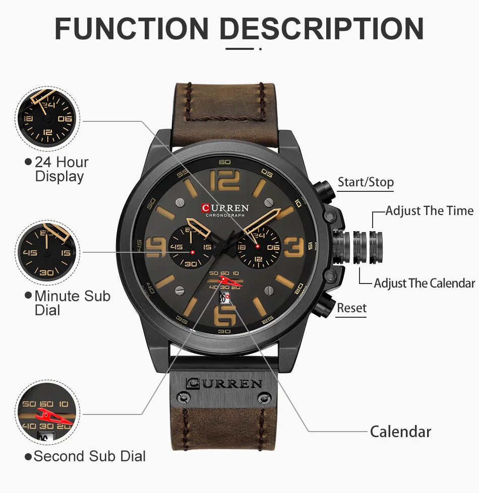 CURREN Men's Luxury Waterproof Sport Watch – Chronograph Quartz Military Wristwatch with Genuine Leather Strap