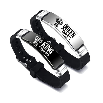 2 Pcs/Set His Queen Her King Couple Bracelets - Stainless Steel Adjustable Silicone Strap Bangles for Valentine's Day Gift