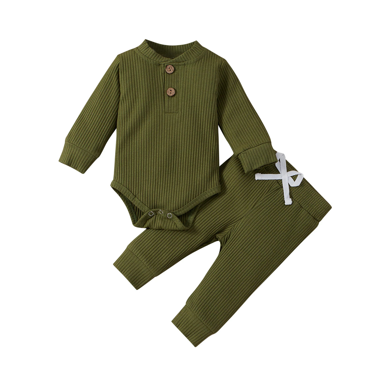 Unisex Baby 2-Piece Outfit Set - Long-Sleeve Ribbed or Plaid Bodysuit with Elastic Pants for Spring & Autumn