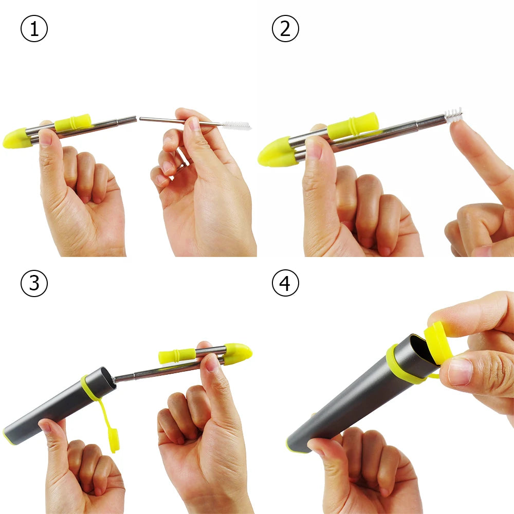 Reusable Collapsible Stainless Steel Straw Kit - Portable Straw with Case, Tip, and Cleaning Brush for Travel, Parties, and Home Use