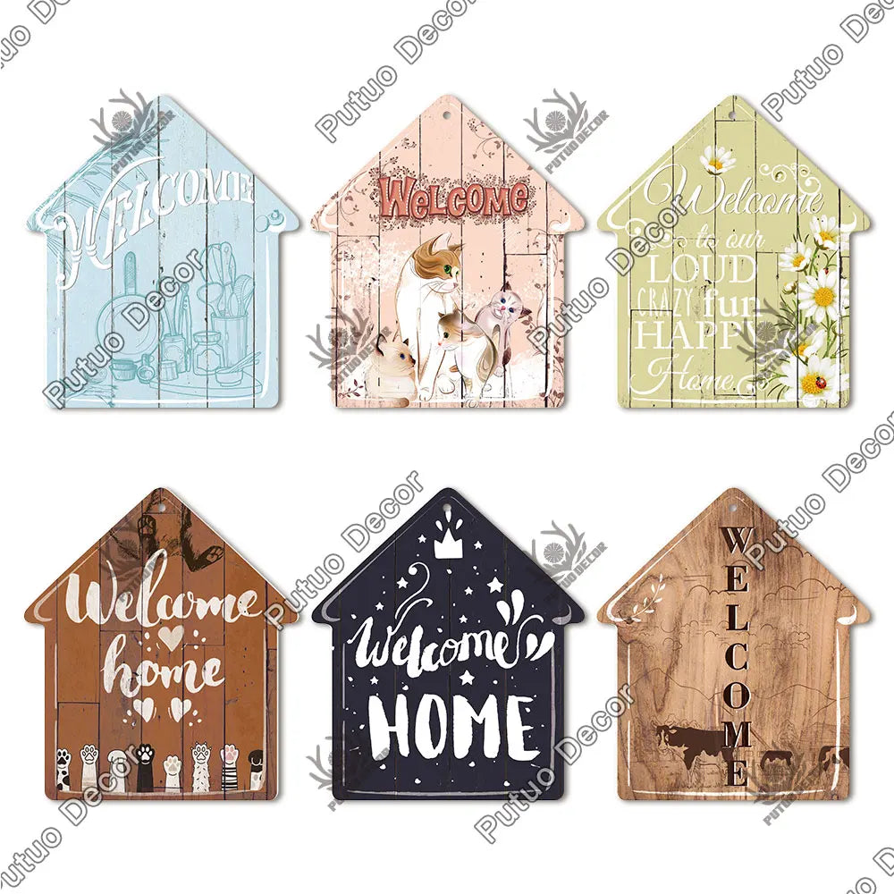 Putuo Decor Welcome House Shaped Wooden Sign – Rustic Hanging Plate for Home, Living Room Wall Decor