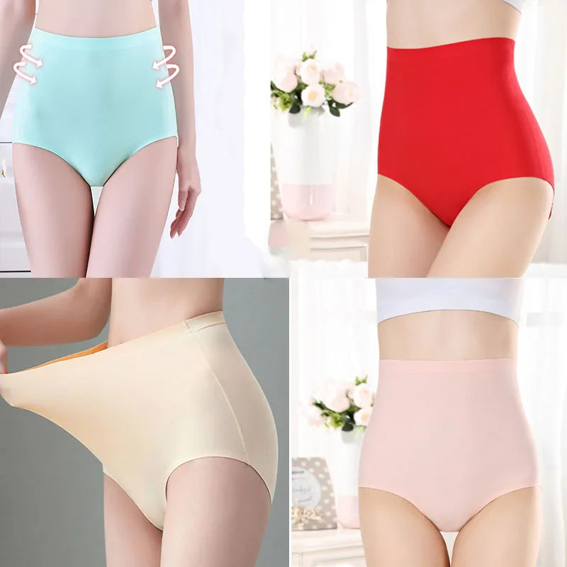 Women's Ice Silk Seamless Panties - High-Waist, Soft Lingerie with Slimming and Hip Lift Features, Breathable Plus Size Briefs