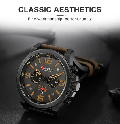 CURREN Men's Luxury Waterproof Sport Watch – Chronograph Quartz Military Wristwatch with Genuine Leather Strap