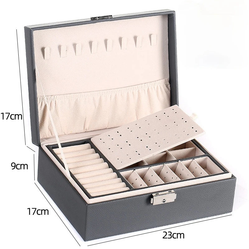 Double-Layer Wooden Jewelry Box – PU Leather Ring & Accessory Organizer with Storage and Makeup Case
