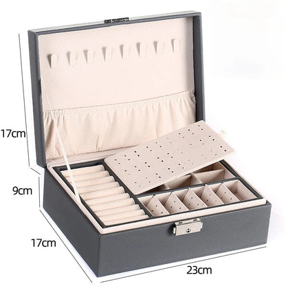 Double-Layer Wooden Jewelry Box – PU Leather Ring & Accessory Organizer with Storage and Makeup Case