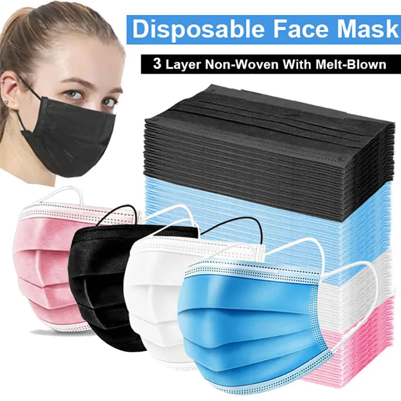 3 Layer Disposable Face Masks – Anti-Dust Protective Masks with Melt Blown Cloth, Earloops, Black Mascarillas
