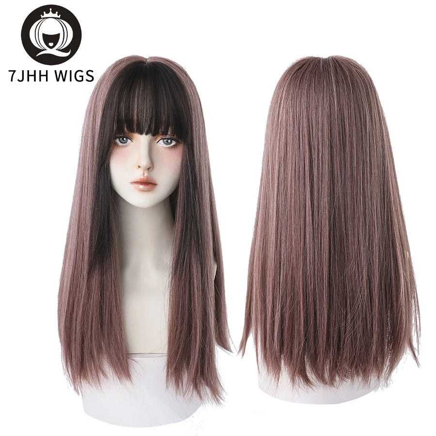 7JHHWIGS Long Straight Light Brown Synthetic Wig with Bangs – Heat-Resistant Daily Wear Wig for Women