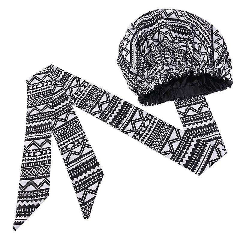 African Print Satin Bonnet with Long Ribbon - Double-Layer Ankara Hair Wrap Cap for Women, Large Size Head Cover