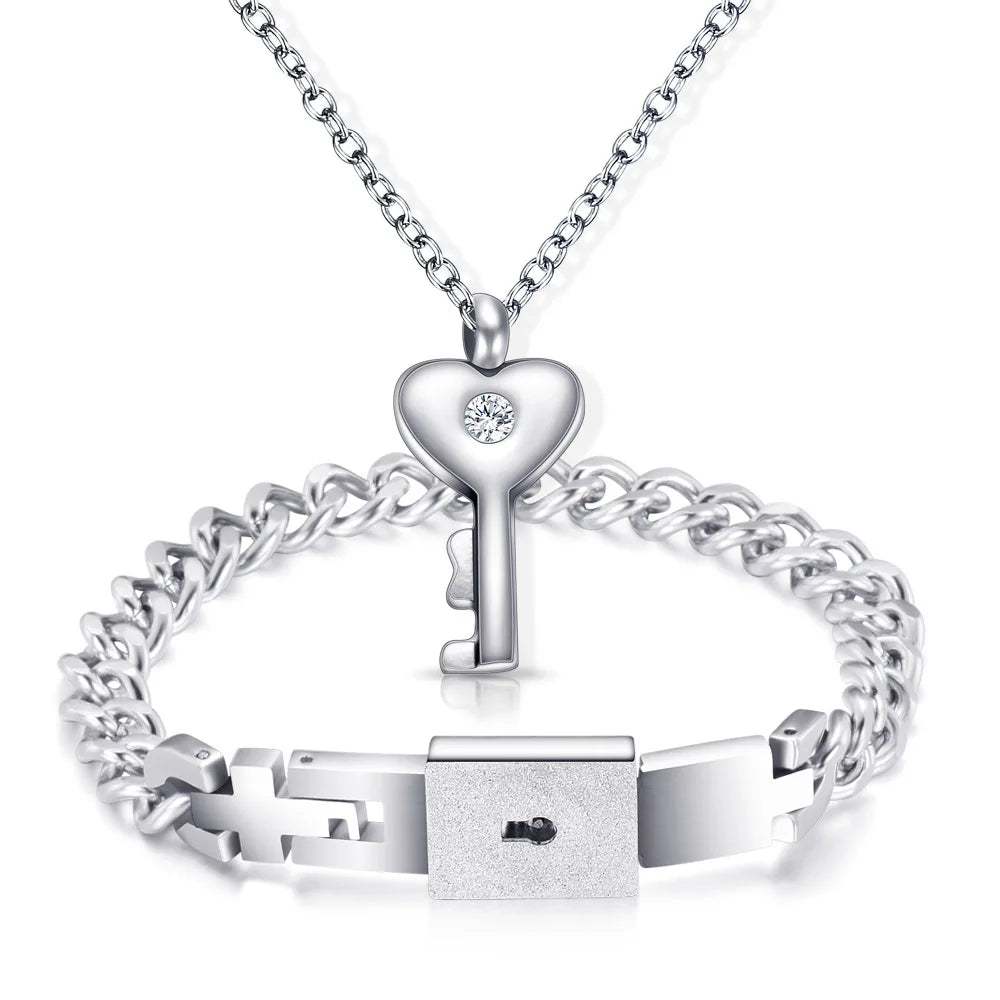 Couple Jewelry Set – Stainless Steel Love Heart Lock Bracelets & Key Pendant Necklace for Men & Women Gift