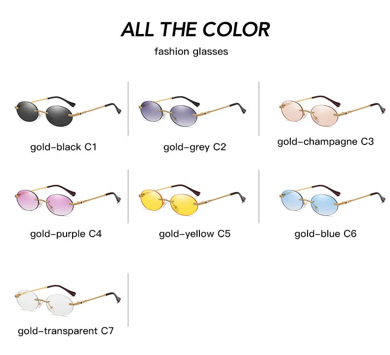 Retro Oval Rimless Sunglasses – Blue Mirror Gold Metal UV400 for Men & Women