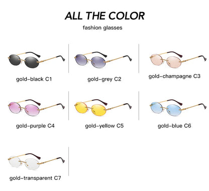 Retro Oval Rimless Sunglasses – Blue Mirror Gold Metal UV400 for Men & Women