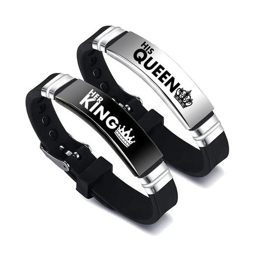 2 Pcs/Set His Queen Her King Couple Bracelets - Stainless Steel Adjustable Silicone Strap Bangles for Valentine's Day Gift