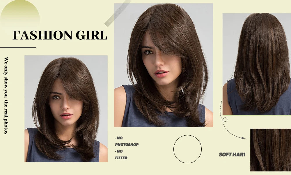 ESIN Synthetic Dark Brown Wig for Women - Long Wavy Wig with Bangs, Heat Resistant for Party & Daily Use