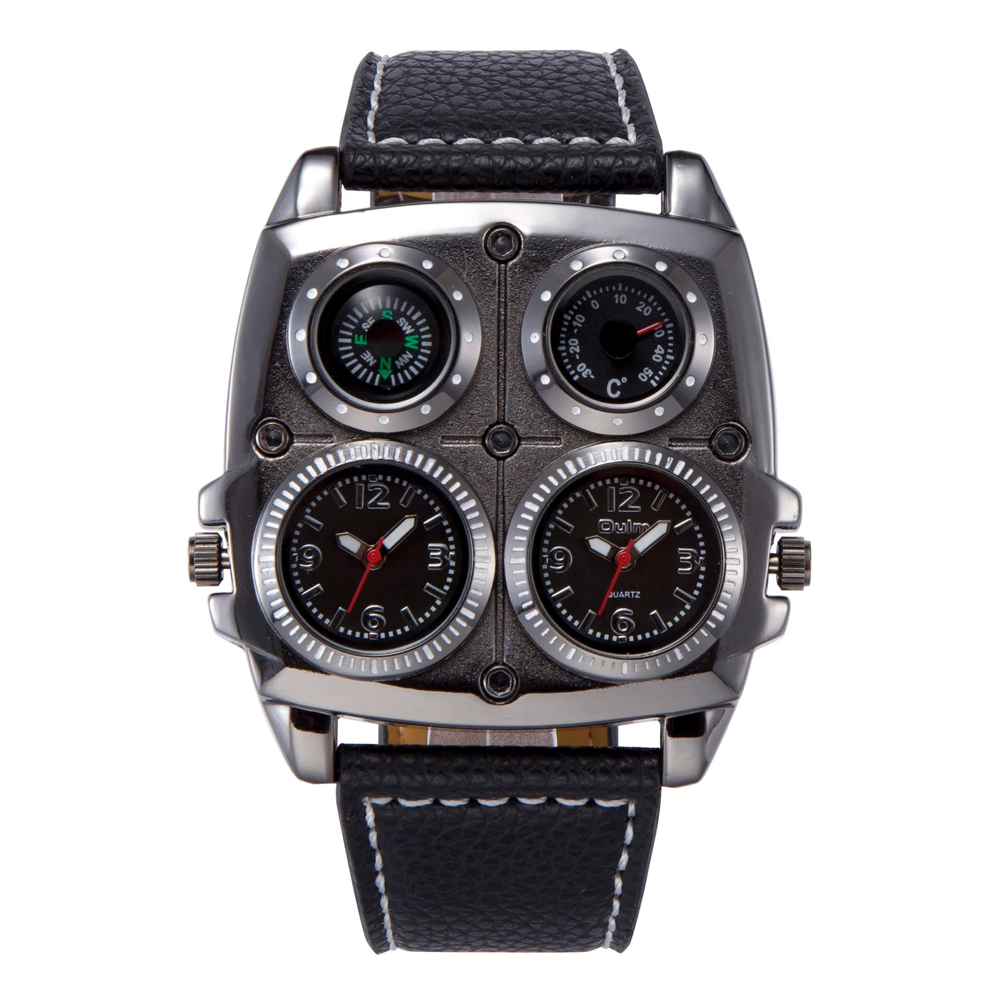 Oulm Men’s Two Time Zone Army Pilot Watch — Large Military Quartz Leather Strap Wristwatch