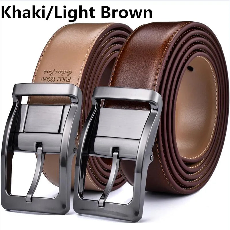 Men’s Genuine Leather Reversible Belt – 2-in-1 Rotated Buckle for Big & Tall Sizes